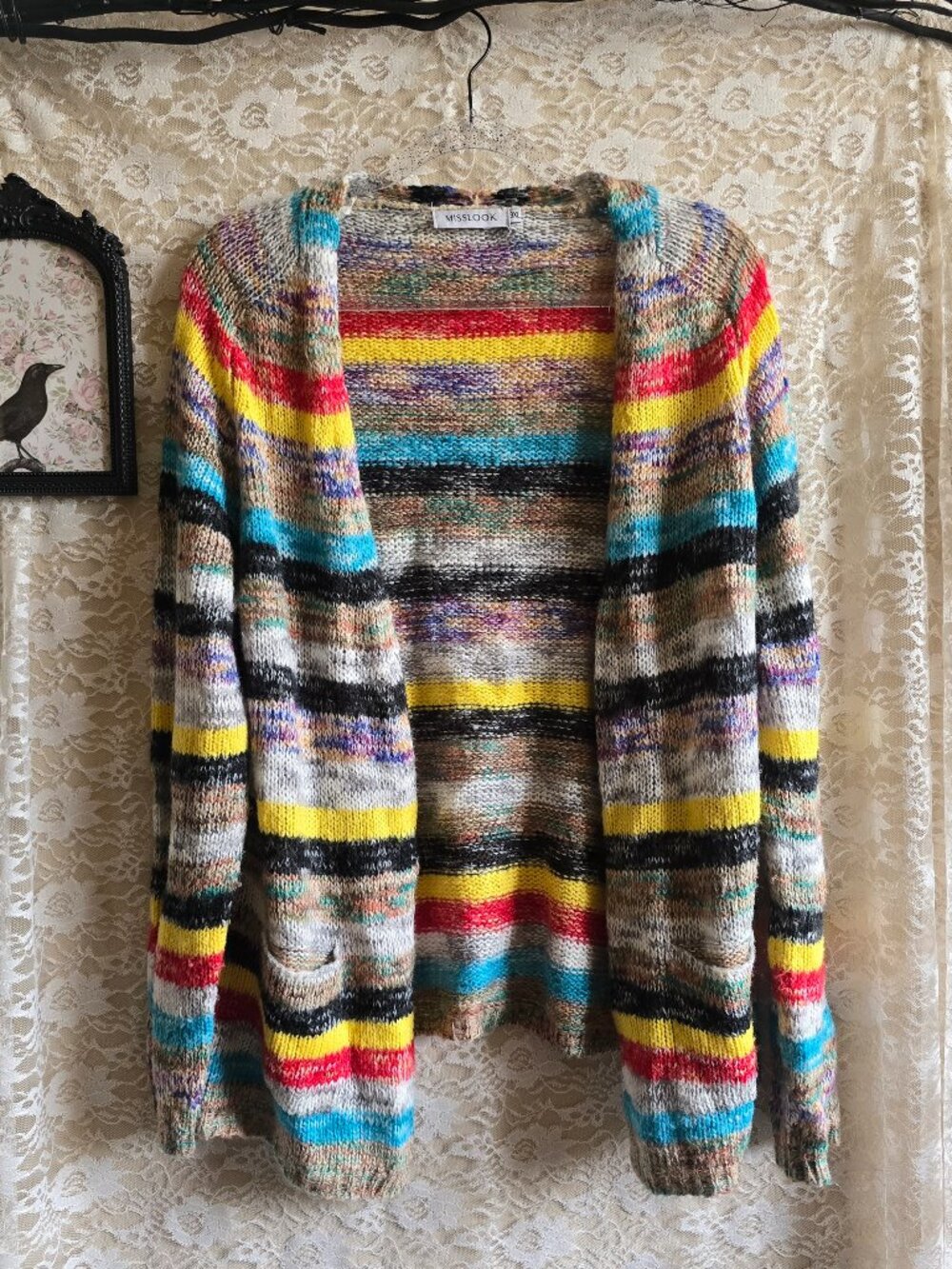 MISSLOOK Womens Multi-Color Striped Knit Cardigan - Open Front - Grandpacore